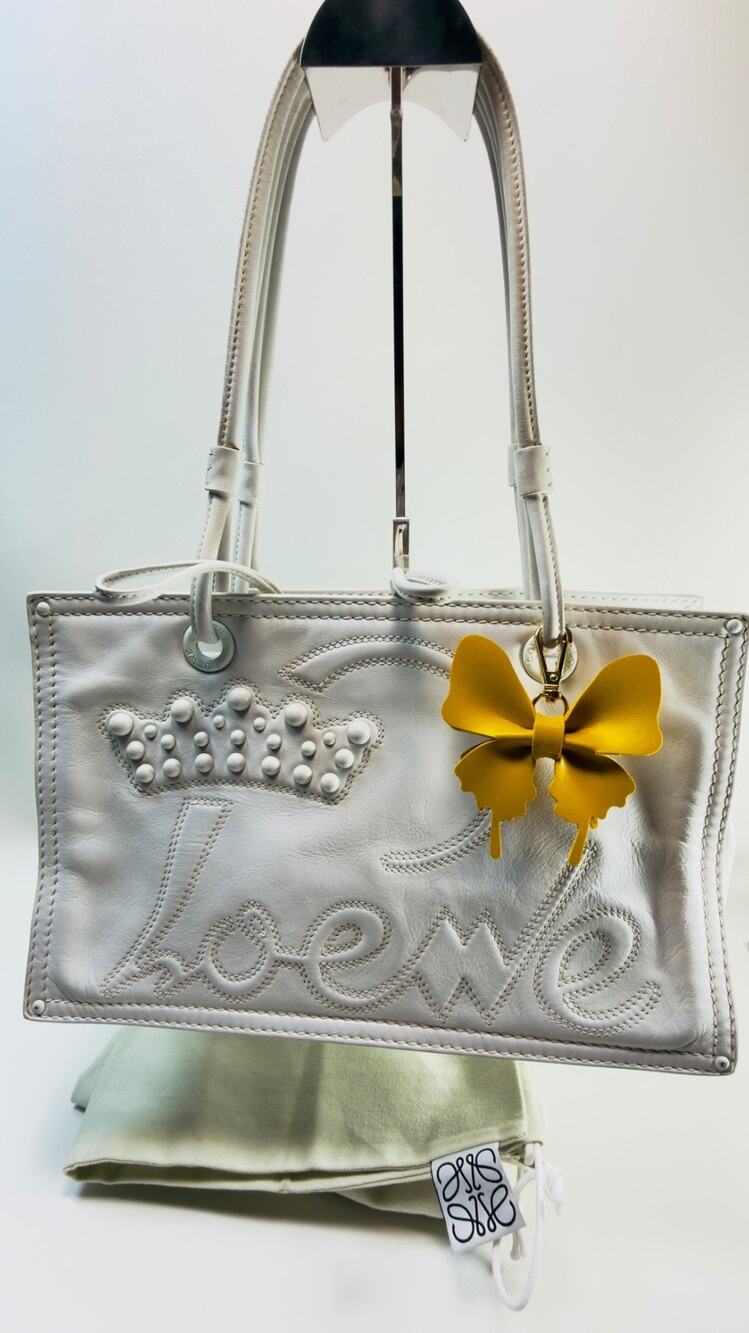 Vtg LOEWE White Leather Anagram Crown Studded Shopper Tote Shoulder Bag Handbag